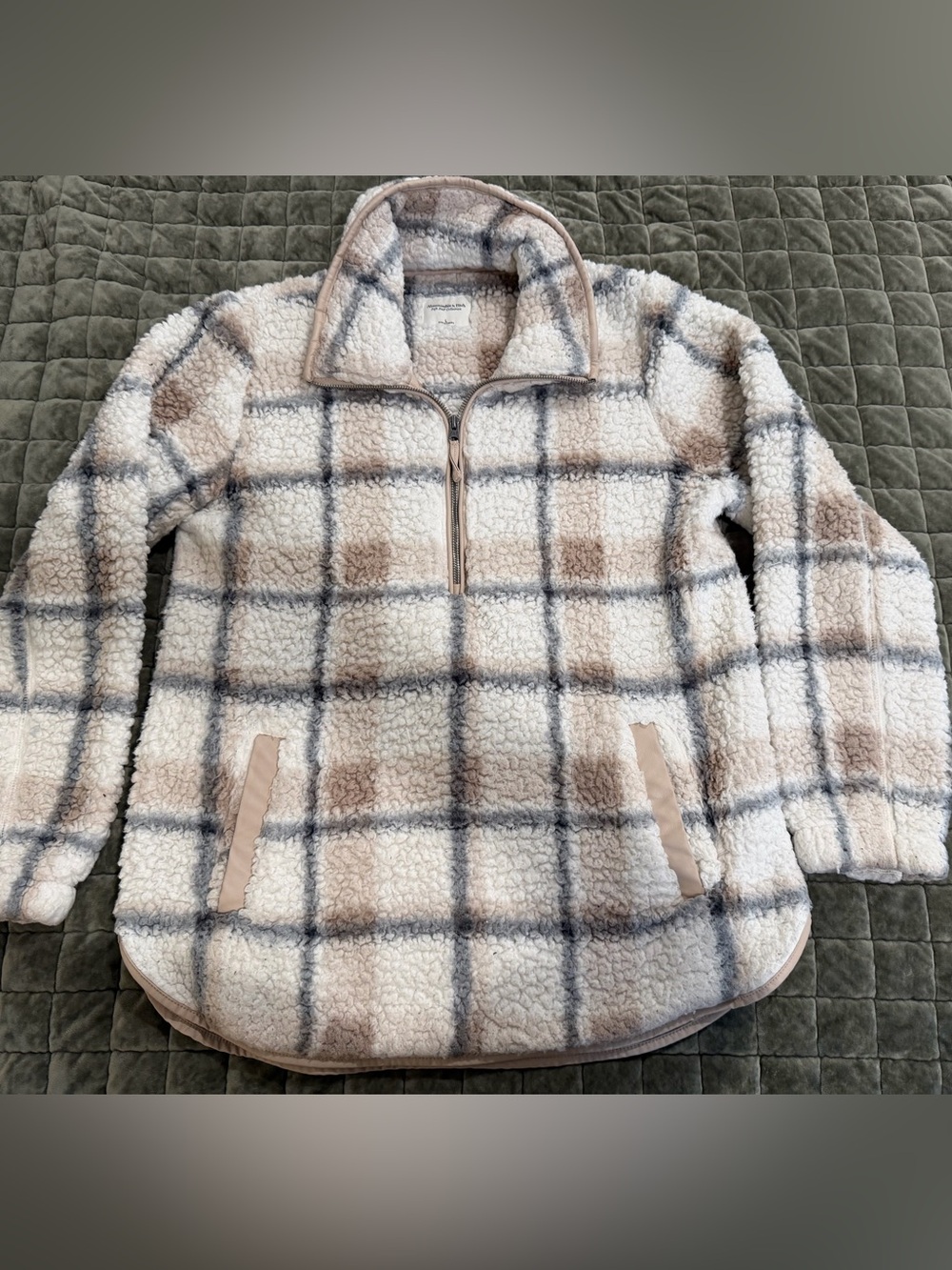 Abercrombie & Fitch Cream, Gray & Tan Plaid Sherpa Pullover